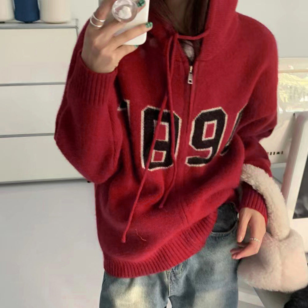 フード付き ニットカーディガン 秋冬服 ダークレッド