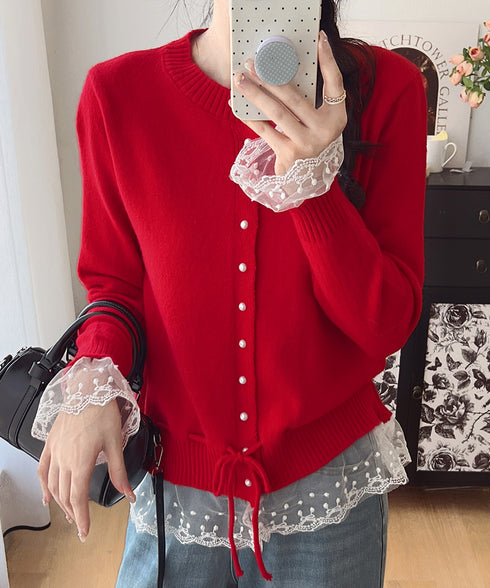 レース切り替えニットカーディガン長袖秋冬 レディース クルーネックニット フェミニンニットトップス パール調ボタン 大人かわいいレイヤード風セーターウエストリボン 84MEIRJ-022