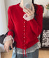 レース切り替えニットカーディガン長袖秋冬 レディース クルーネックニット フェミニンニットトップス パール調ボタン 大人かわいいレイヤード風セーターウエストリボン 84MEIRJ-022