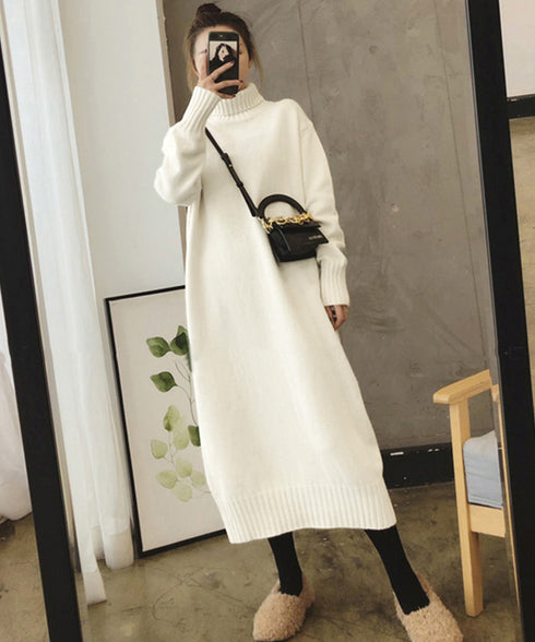 ハイネックニットワンピースゆったり秋冬服 レディース タートルネックロングワンピース こなれ感 着回し厚手インナーワンピース エレガントセーターワンピ 無地暖かい 84MEIRJ-023