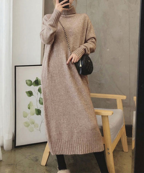 ハイネックニットワンピースゆったり秋冬服 レディース タートルネックロングワンピース こなれ感 着回し厚手インナーワンピース エレガントセーターワンピ 無地暖かい 84MEIRJ-023