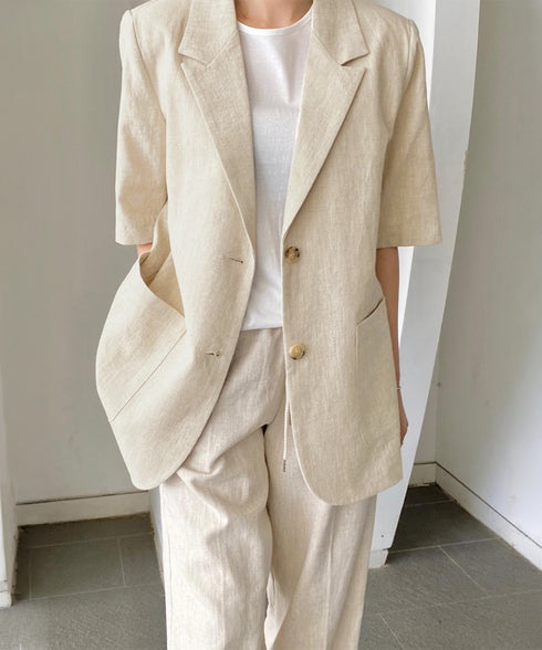 麻混風テーラードジャケットレディース夏服 ゆったり リネンサマージャケット体型カバー 薄手ジャケット着やせ オフィスカジュアル ナチュラルジャケットライトアウター 84QIANSHUO-001