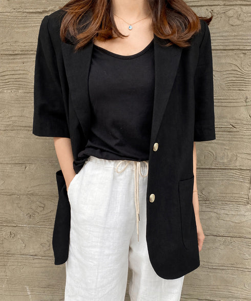 麻混風テーラードジャケットレディース夏服 ゆったり リネンサマージャケット体型カバー 薄手ジャケット着やせ オフィスカジュアル ナチュラルジャケットライトアウター 84QIANSHUO-001
