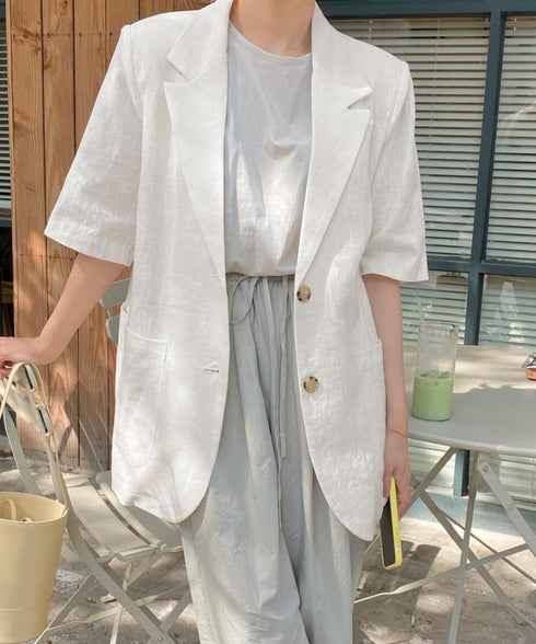 麻混風テーラードジャケットレディース夏服 ゆったり リネンサマージャケット体型カバー 薄手ジャケット着やせ オフィスカジュアル ナチュラルジャケットライトアウター 84QIANSHUO-001