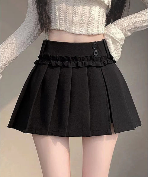 フリルスカパンプリーツキュロットスカート レディース ハイウエストミニ丈スカート着やせ インナーパンツ付きJKスカート制服風 チラ見せ防止Aラインスカパン美尻美脚 84QITU-001