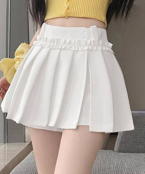 フリルスカパンプリーツキュロットスカート レディース ハイウエストミニ丈スカート着やせ インナーパンツ付きJKスカート制服風 チラ見せ防止Aラインスカパン美尻美脚 84QITU-001