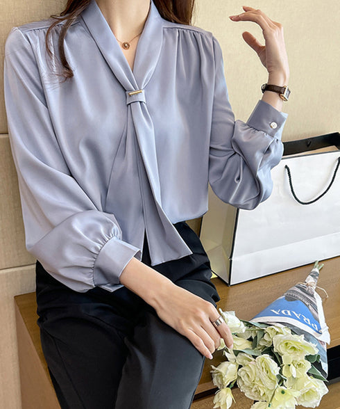 ボウタイ ブラウス レディース Vネック 韓国上品 スカーフタイブラウス オフィスカジュアル トップス 大人女性 とろみシャツ通勤長袖シャツブラウス 30代40代 84TIANHEYT-012