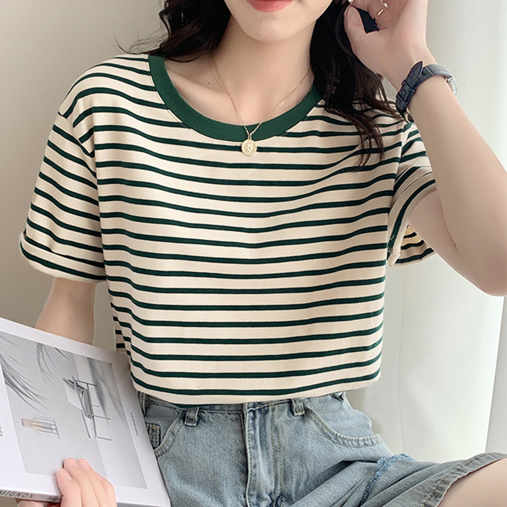 カラーボーダー Tシャツ レディース半袖 グリーン