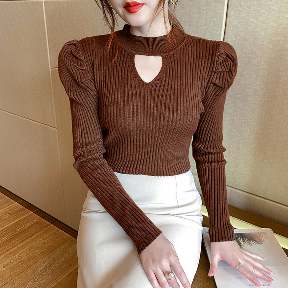 プチハイネック リブニットトップス 長袖 ブラウン