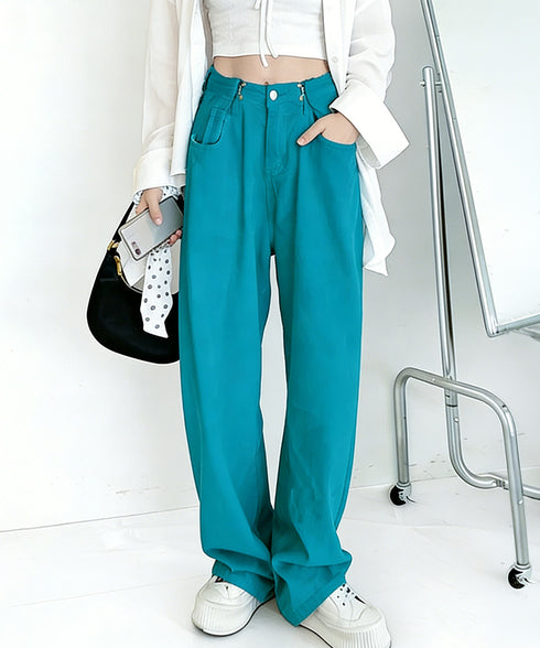 ウエストフックデニムパンツワイドジーンズ ハイウエス ゆったりロングデニムレディース 体型カバーデニムストレートパンツ 美脚脚長ジーンズ ヴィンテージデニム韓国風 84TIANHEYT-044