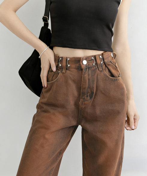 ウエストフックデニムパンツワイドジーンズ ハイウエス ゆったりロングデニムレディース 体型カバーデニムストレートパンツ 美脚脚長ジーンズ ヴィンテージデニム韓国風 84TIANHEYT-044