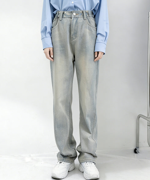 ウエストフックデニムパンツワイドジーンズ ハイウエス ゆったりロングデニムレディース 体型カバーデニムストレートパンツ 美脚脚長ジーンズ ヴィンテージデニム韓国風 84TIANHEYT-044