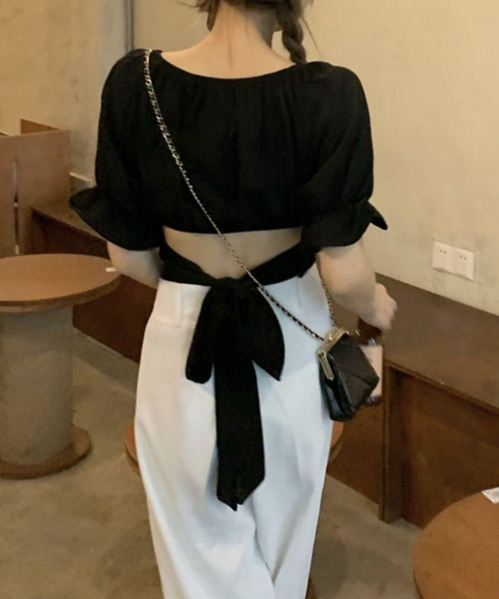 オフショルダーブラウス バックリボン夏服 ブラック
