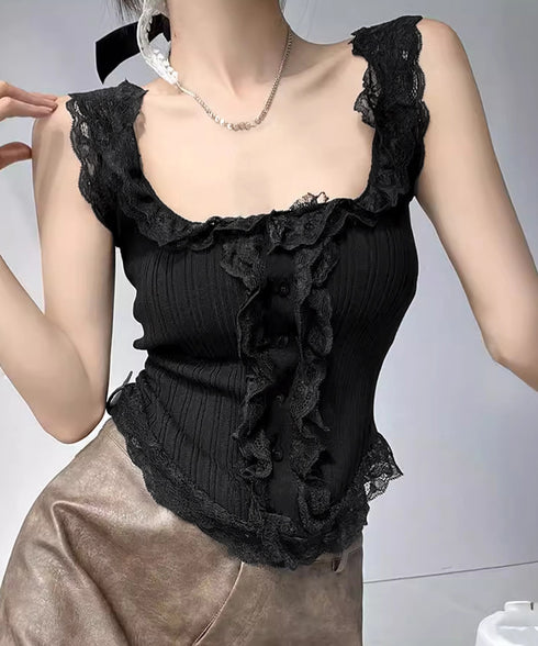 レースフリル ニットタンクトップ 韓国風 レディース レースドッキング ニットトップス 大人可愛い ノースリーブニットソー きれいめニットキャミソール インナー秋 84WANJIA-020