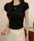 サイドギャザーtシャツ 半袖トップス夏服 ラウンドネックちびTシャツ レディース 無地タイトtシャツ 韓国風シンプル 着やせ細見えTシャツ サイドタックカットソー 84WANJIA-021