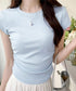 サイドギャザーtシャツ 半袖トップス夏服 ラウンドネックちびTシャツ レディース 無地タイトtシャツ 韓国風シンプル 着やせ細見えTシャツ サイドタックカットソー 84WANJIA-021