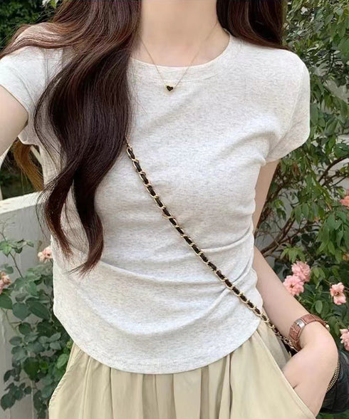 サイドギャザーtシャツ 半袖トップス夏服 ラウンドネックちびTシャツ レディース 無地タイトtシャツ 韓国風シンプル 着やせ細見えTシャツ サイドタックカットソー 84WANJIA-021
