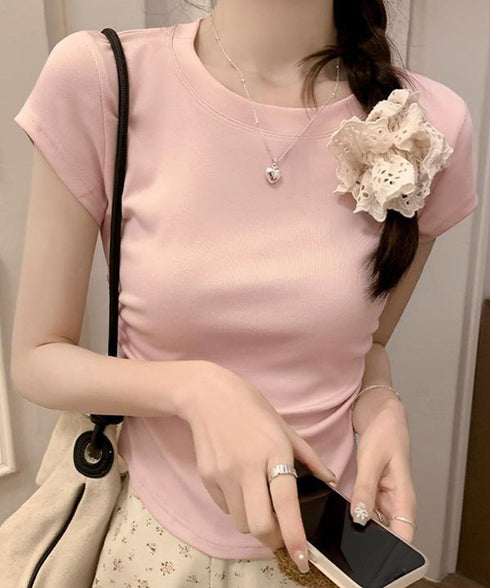 サイドギャザーtシャツ 半袖トップス夏服 ラウンドネックちびTシャツ レディース 無地タイトtシャツ 韓国風シンプル 着やせ細見えTシャツ サイドタックカットソー 84WANJIA-021