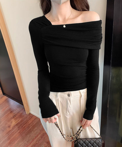 ワンオフショルダーTシャツ肩出しトップス レディース 大人カジュアル タイトTシャツ 韓国風 片方オフショルダーカットソー サイドギャザー セクシーtシャツ 無地 84WANJIA-023