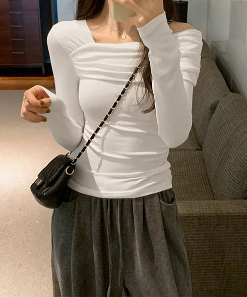 ワンオフショルダーTシャツ肩出しトップス レディース 大人カジュアル タイトTシャツ 韓国風 片方オフショルダーカットソー サイドギャザー セクシーtシャツ 無地 84WANJIA-023