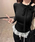 リボンネックニット 裾レースカットソー秋 レディース スリムフィット ニットTシャツ レイヤード風 大人可愛い ニットプルオーバー タイトトップス 着回し 韓国風 84WANJIA-024
