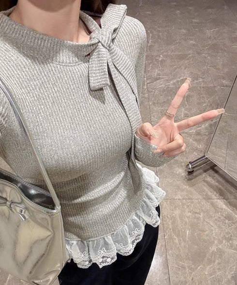 リボンネックニット 裾レースカットソー秋 レディース スリムフィット ニットTシャツ レイヤード風 大人可愛い ニットプルオーバー タイトトップス 着回し 韓国風 84WANJIA-024