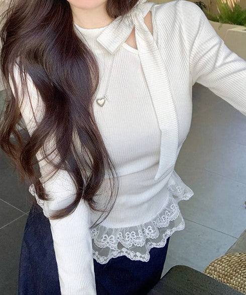 リボンネックニット 裾レースカットソー秋 レディース スリムフィット ニットTシャツ レイヤード風 大人可愛い ニットプルオーバー タイトトップス 着回し 韓国風 84WANJIA-024