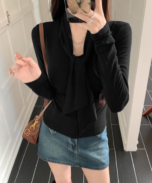 リボンタイ付きトップス ボウタイtシャツ レディース 大人可愛い ボウタイカットソー スリムフィットタイトtシャツ 長袖無地カットソー 細見え 韓国風インナー秋冬 84WANJIA-025