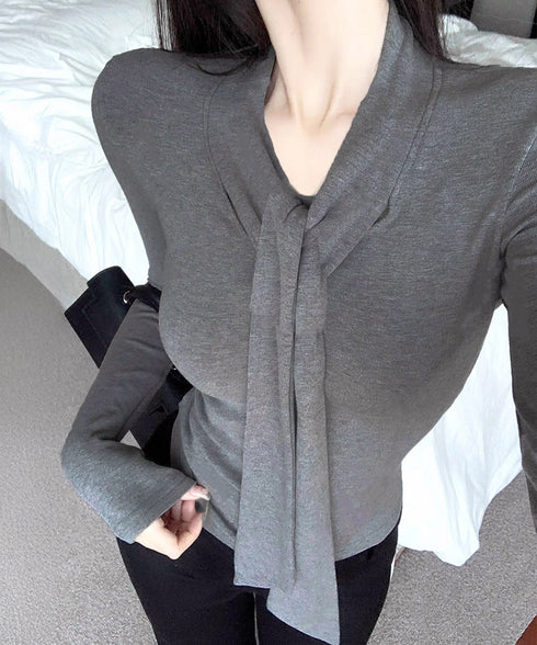 リボンタイ付きトップス ボウタイtシャツ レディース 大人可愛い ボウタイカットソー スリムフィットタイトtシャツ 長袖無地カットソー 細見え 韓国風インナー秋冬 84WANJIA-025