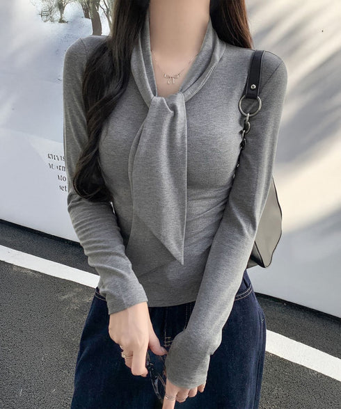 リボンタイ付きトップス ボウタイtシャツ レディース 大人可愛い ボウタイカットソー スリムフィットタイトtシャツ 長袖無地カットソー 細見え 韓国風インナー秋冬 84WANJIA-025