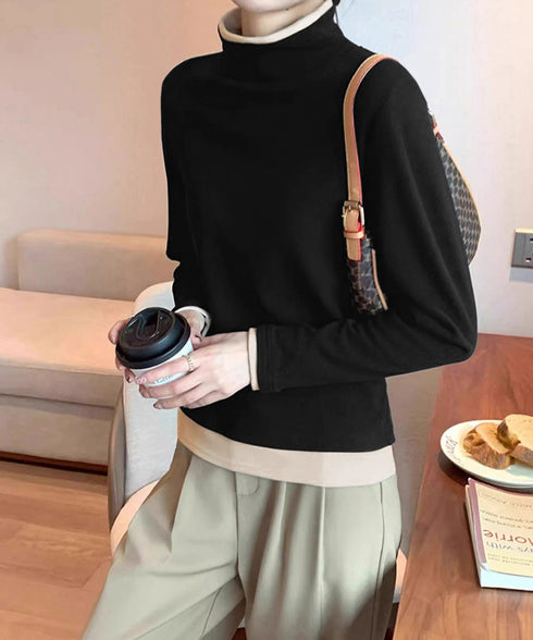ハイネックトップス レイヤード風 長袖T レディース 重ね着風Tシャツ タートルネックブルオーバー 大人カジュアルカットソー 秋冬 暖かい配色インナートップス防寒 84WANJIA-027