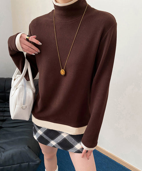 ハイネックトップス レイヤード風 長袖T レディース 重ね着風Tシャツ タートルネックブルオーバー 大人カジュアルカットソー 秋冬 暖かい配色インナートップス防寒 84WANJIA-027