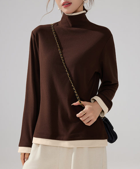 ハイネックトップス レイヤード風 長袖T レディース 重ね着風Tシャツ タートルネックブルオーバー 大人カジュアルカットソー 秋冬 暖かい配色インナートップス防寒 84WANJIA-027