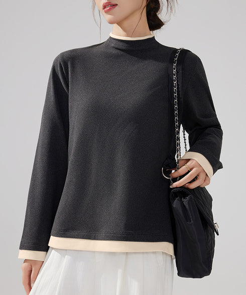 ハイネックトップス レイヤード風 長袖T レディース 重ね着風Tシャツ タートルネックブルオーバー 大人カジュアルカットソー 秋冬 暖かい配色インナートップス防寒 84WANJIA-027