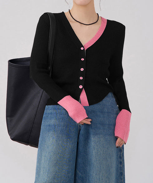 バイカラーニットカーディガンレイヤード風 レディース Vネック 配色ニットトップス 長袖 前開きニット カジュアルきれいめ 羽織り おしゃれ 重ね着風ニット韓国風 84WANJIA-028