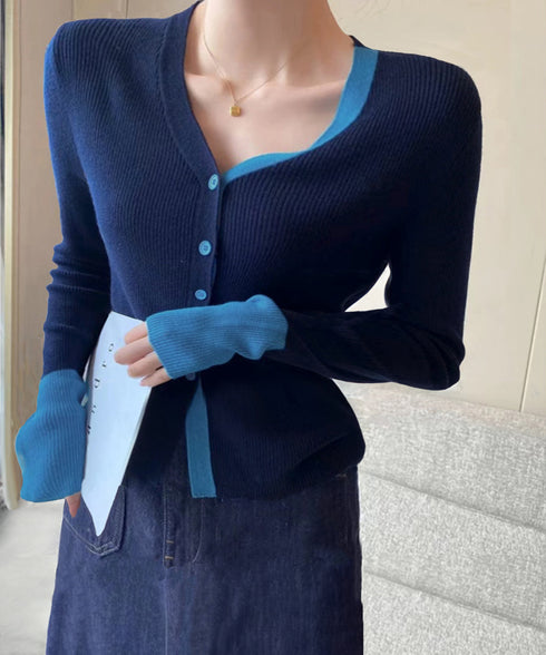 バイカラーニットカーディガンレイヤード風 レディース Vネック 配色ニットトップス 長袖 前開きニット カジュアルきれいめ 羽織り おしゃれ 重ね着風ニット韓国風 84WANJIA-028