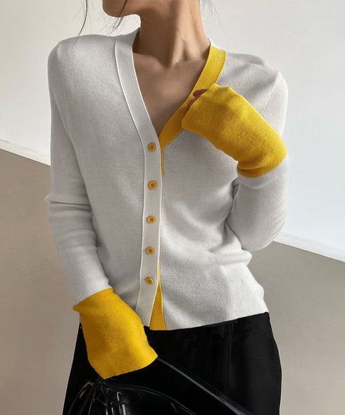バイカラーニットカーディガンレイヤード風 レディース Vネック 配色ニットトップス 長袖 前開きニット カジュアルきれいめ 羽織り おしゃれ 重ね着風ニット韓国風 84WANJIA-028