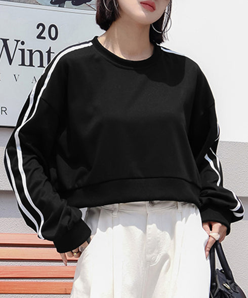 サイドライン スウェットシャツショート丈 レディース 袖ライントレーナー 薄手長袖プルオーバー 体型カバー韓国風 カジュアル 着やせトップス クルーネック 春秋服 84WANJIA-029