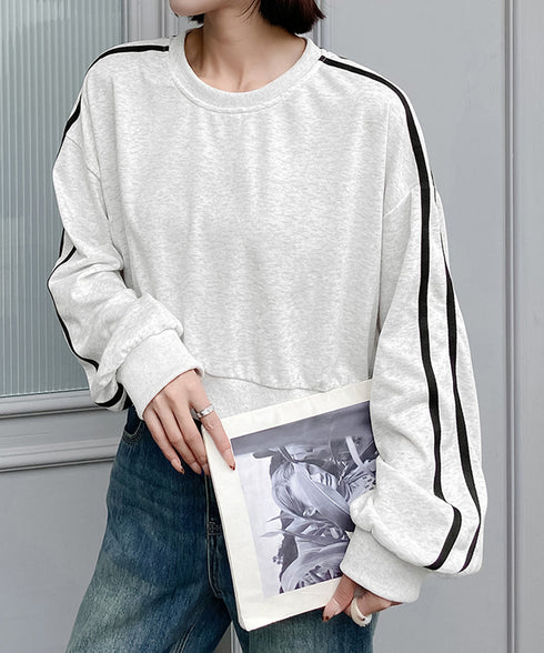 サイドライン スウェットシャツショート丈 レディース 袖ライントレーナー 薄手長袖プルオーバー 体型カバー韓国風 カジュアル 着やせトップス クルーネック 春秋服 84WANJIA-029