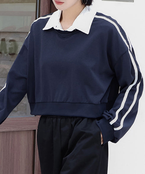 サイドライン スウェットシャツショート丈 レディース 袖ライントレーナー 薄手長袖プルオーバー 体型カバー韓国風 カジュアル 着やせトップス クルーネック 春秋服 84WANJIA-029