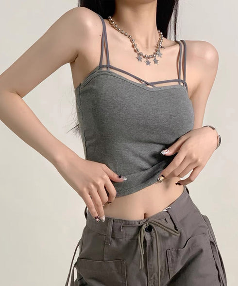 カップ付きキャミソール ダブルストラップ ブラトップ レディース クロスストラップキャミソール 大人可愛い Wスパゲッティショルダー インナートップス 韓国風肌着 84XKM-001