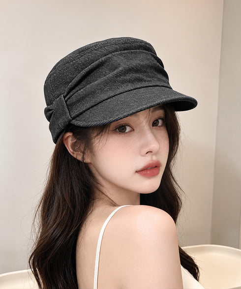 デニム風ボリュームキャスケット韓国風帽子 立体シルエットマドロスハットつば付き帽子リボンワークキャップ小顔見えレディース秋冬カジュアル大人可愛いヴィンテージぼうし 84YANSHU-002