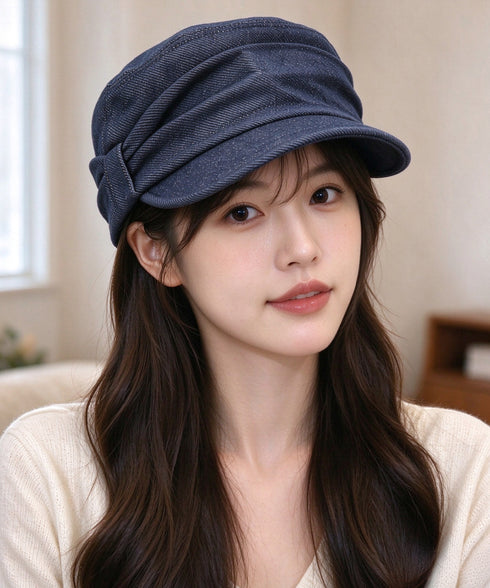 デニム風ボリュームキャスケット韓国風帽子 立体シルエットマドロスハットつば付き帽子リボンワークキャップ小顔見えレディース秋冬カジュアル大人可愛いヴィンテージぼうし 84YANSHU-002