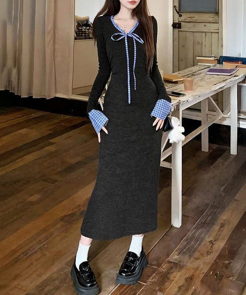配色リボンニットマーメイドワンピース長袖 レディースチェック柄切り替え ロングワンピース 着やせ Vネック 春秋冬タイトワンピきれいめ大人可愛いニットワンピ韓国風 84YGL-009