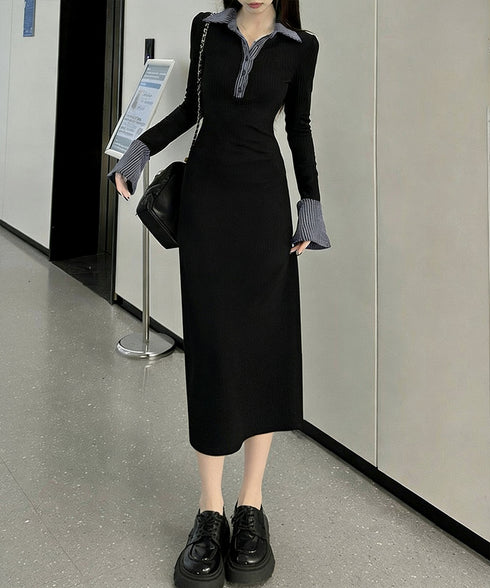ポロ衿ロングワンピースハーフボタンワンピ レディース リブニットワンピ 長袖タイトワンピース 大人カジュアル 配色スリムワンピース 襟付きボディコンワンピ 韓国風 84YGL-010