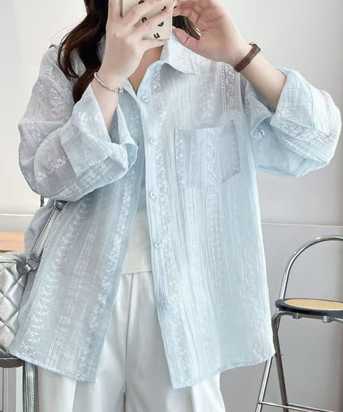 韓国風シアーシャツレース柄ブラウス春夏服 レディースドロップショルダー きれいめカーディガン長袖 透け感トップスおしゃれ 冷房対策羽織りもの 日焼け防止体型カバー 84YGL-012