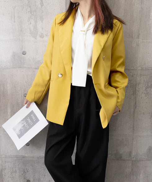 ダブルボタンテーラードジャケットミドル丈 レディースベーシック スーツジャケット オフィスカジュアル ライトアウター 体型カバー入学式卒業式入園式ジャケット 長袖 84YIJIAO-001
