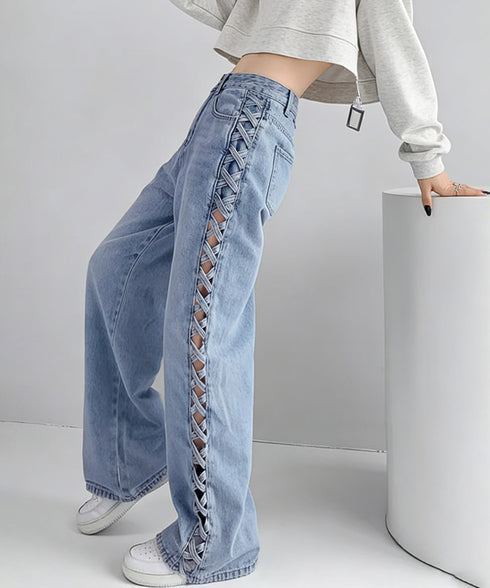 デニムパンツサイドレースアップジーパン レディース ハイウエスト Y2Kストレートパンツ 肌見せ セクシージーンズ サイドオープンデニム 美脚脚長ボトムス着やせ 84YLZ-001