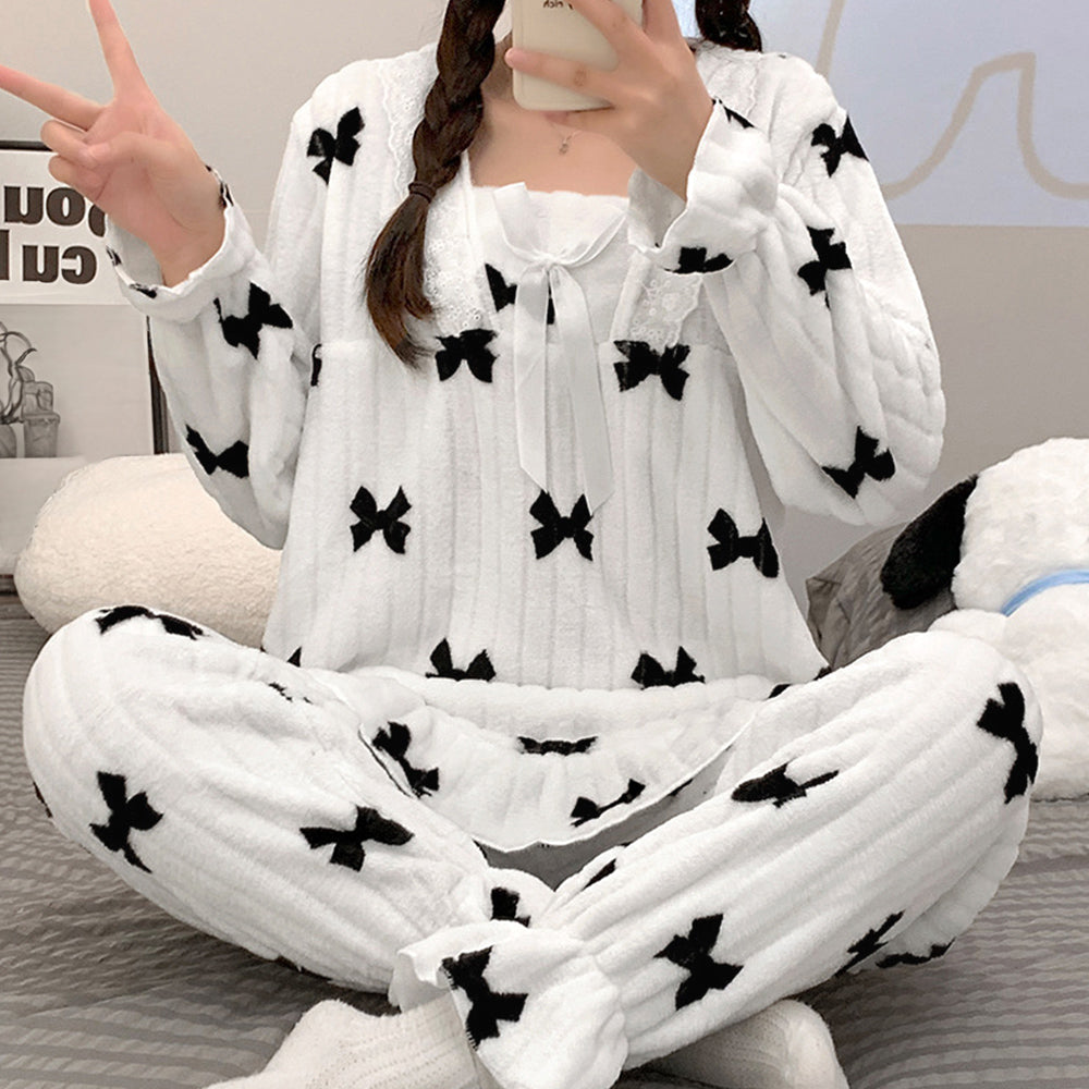 フリースパジャマ 上下セットアップ 韓国 リボン柄
