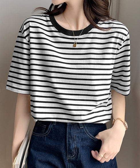 ボーダーtシャツ半袖 レディース 韓国風 涼しいボーダートップス おしゃれ夏服 着やせ ラウンドネックTシャツ 配色プルオーバー 薄手カットソーカジュアルきれいめ 84YOUQI-001